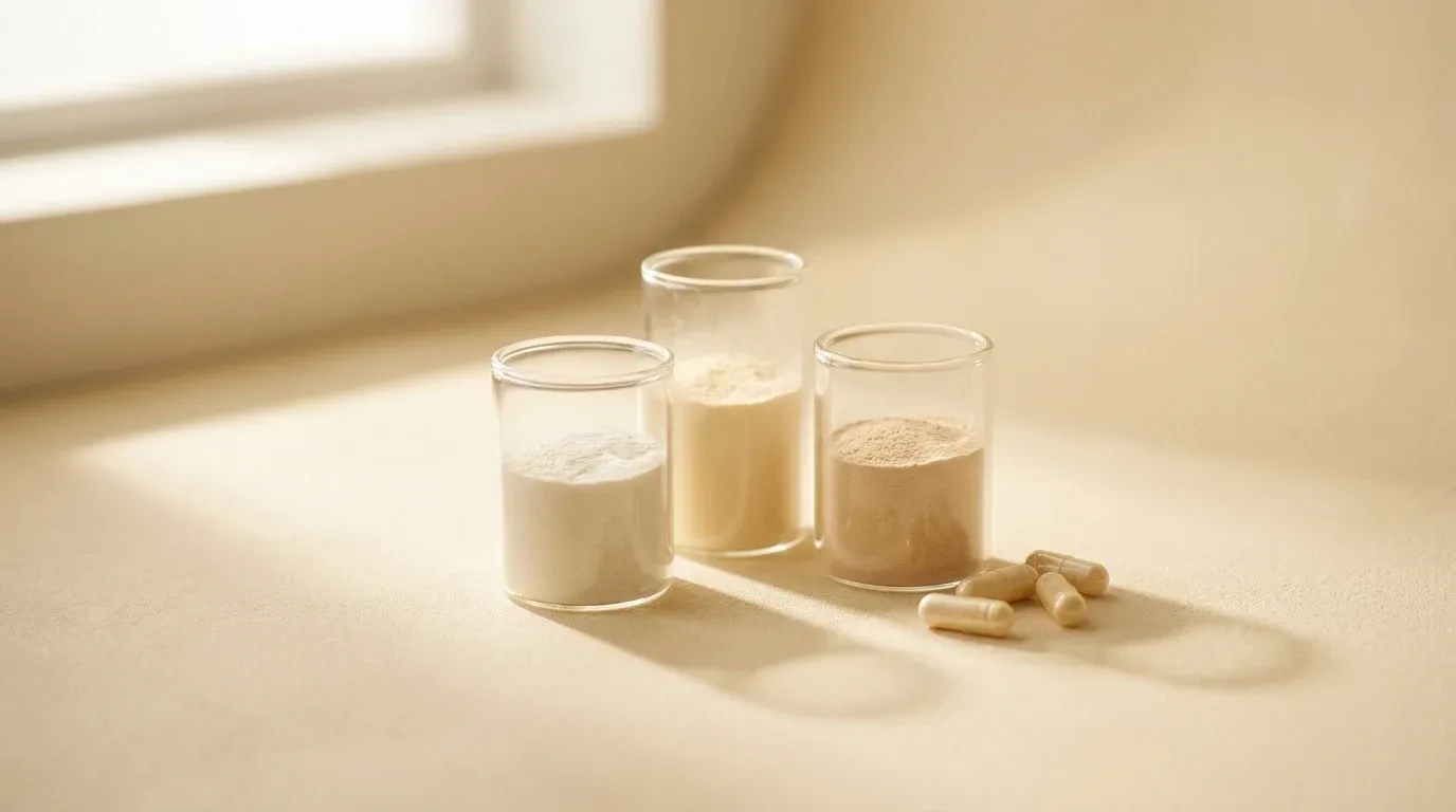 Three glass vessels with varying powder colors and loose capsules arranged on a warm cream surface in soft natural light.