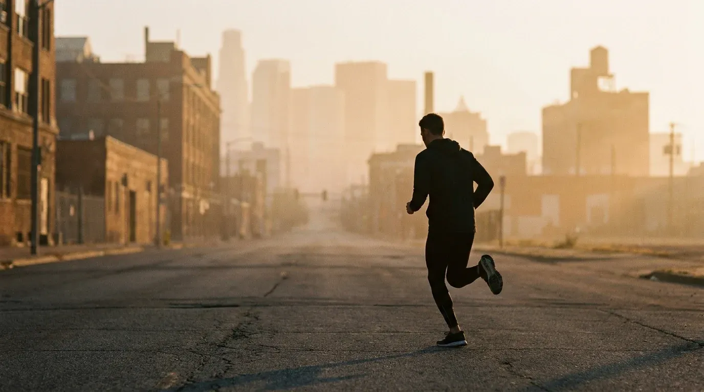A lone runner jogs at dawn on a quiet urban road, shrouded in golden morning mist.