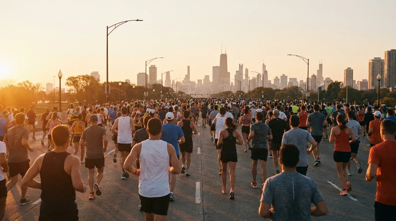 Dense pack of marathon runners surging forward on a Chicago city boulevard in early morning golden light.