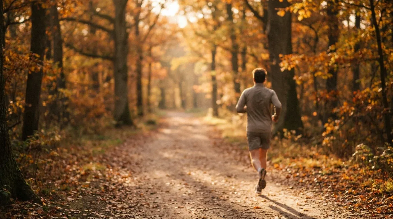 A runner viewed from behind strides on an autumn trail bathed in warm golden-hour light and soft shadows.