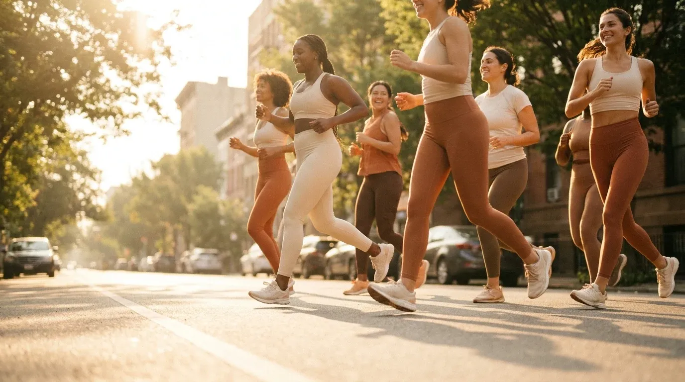 A group of women running together on a city street in warm golden morning light.