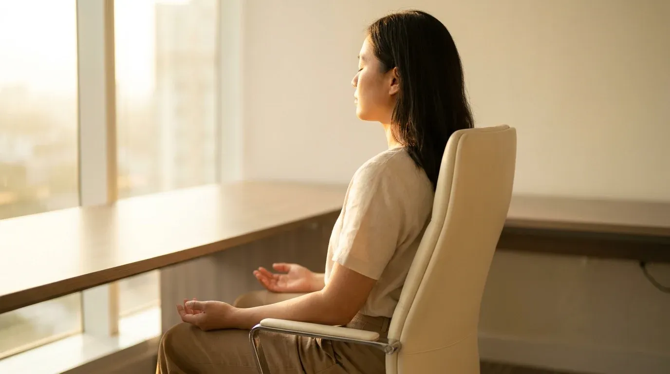 Person seated with eyes closed in a sunlit office, practicing calm breathing.