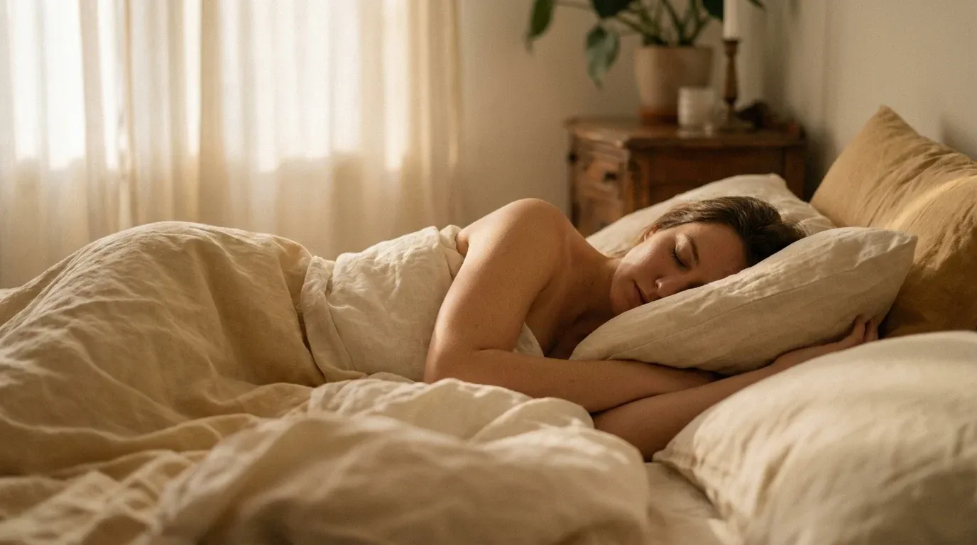 Person sleeping peacefully on their side in warm linens, bathed in soft golden morning light.