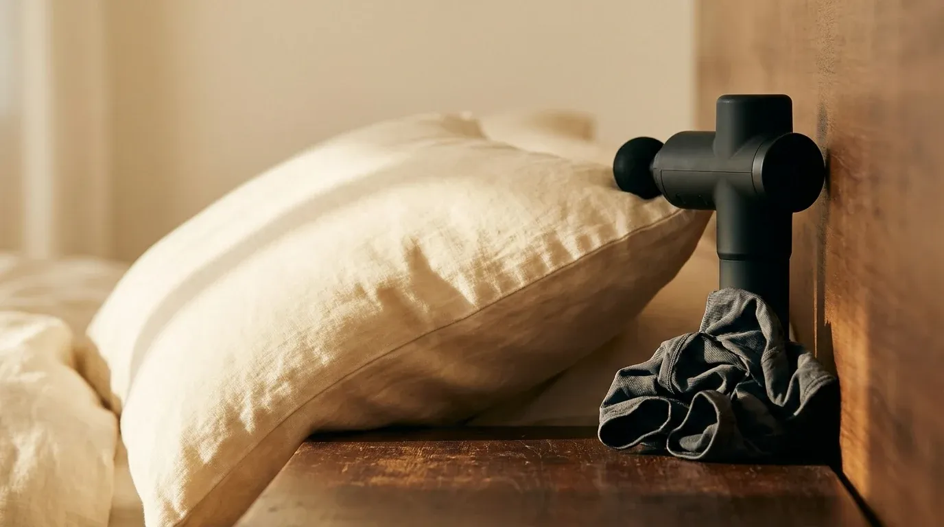 A minimalist nightstand corner with an untouched cream pillow contrasting with recovery gadgets and massage tools.