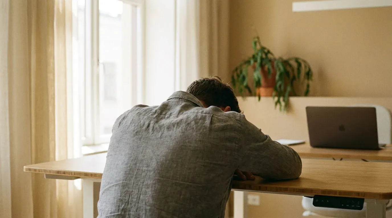 An exhausted person slumped over a desk in a minimalist office flooded with natural light.
