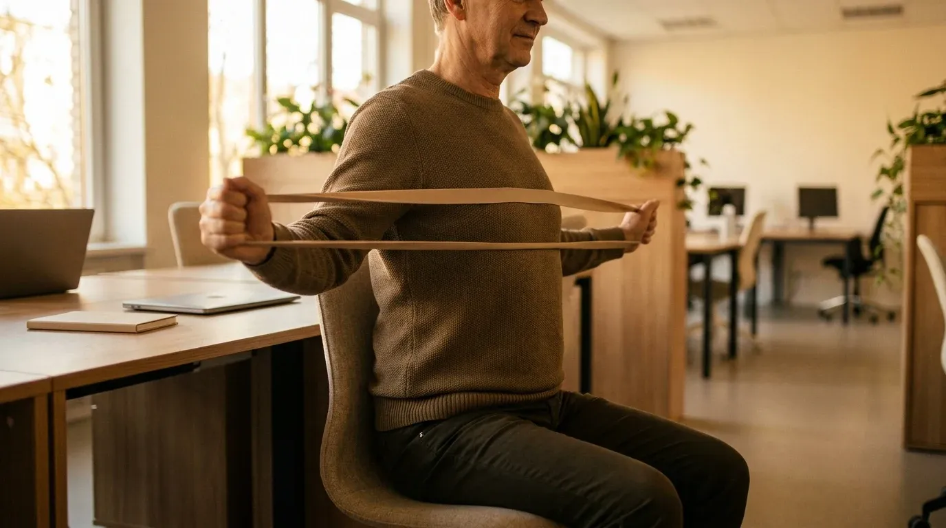 Older employee in smart-casual attire performs a seated resistance band exercise at their workstation in natural daylight.