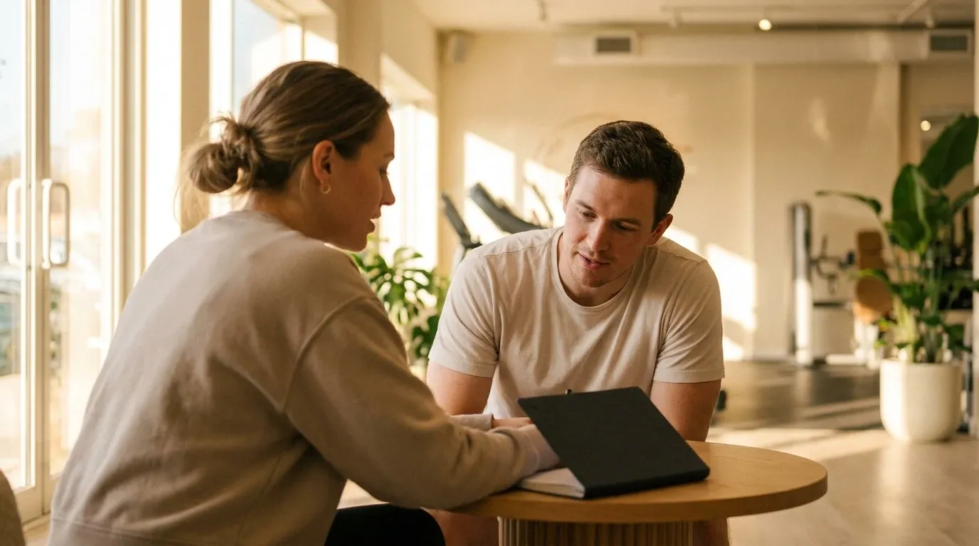 Personal trainer in conversation with prospective client at gym table in warm natural light.