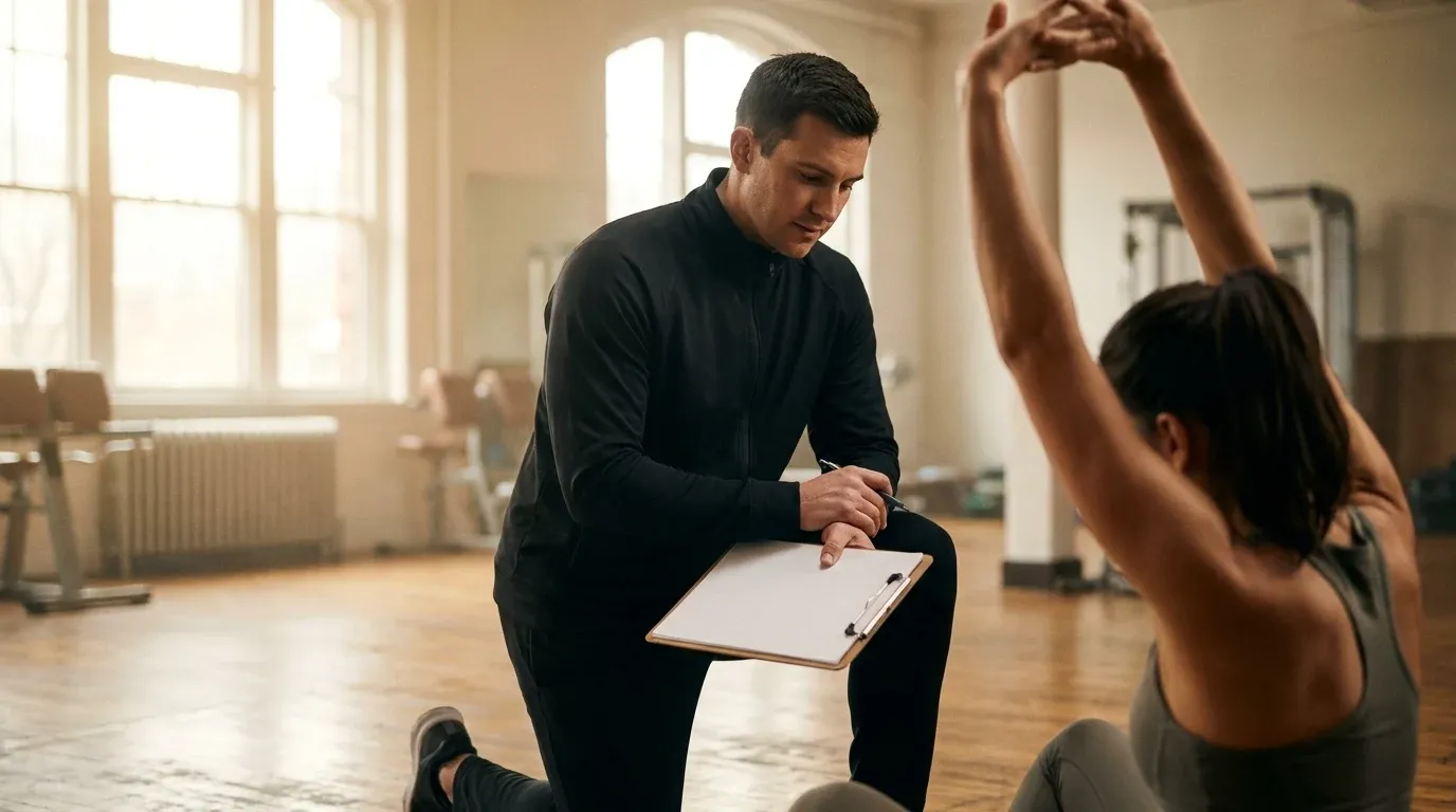 A coach kneels beside a client performing an overhead reach assessment on a gym floor.
