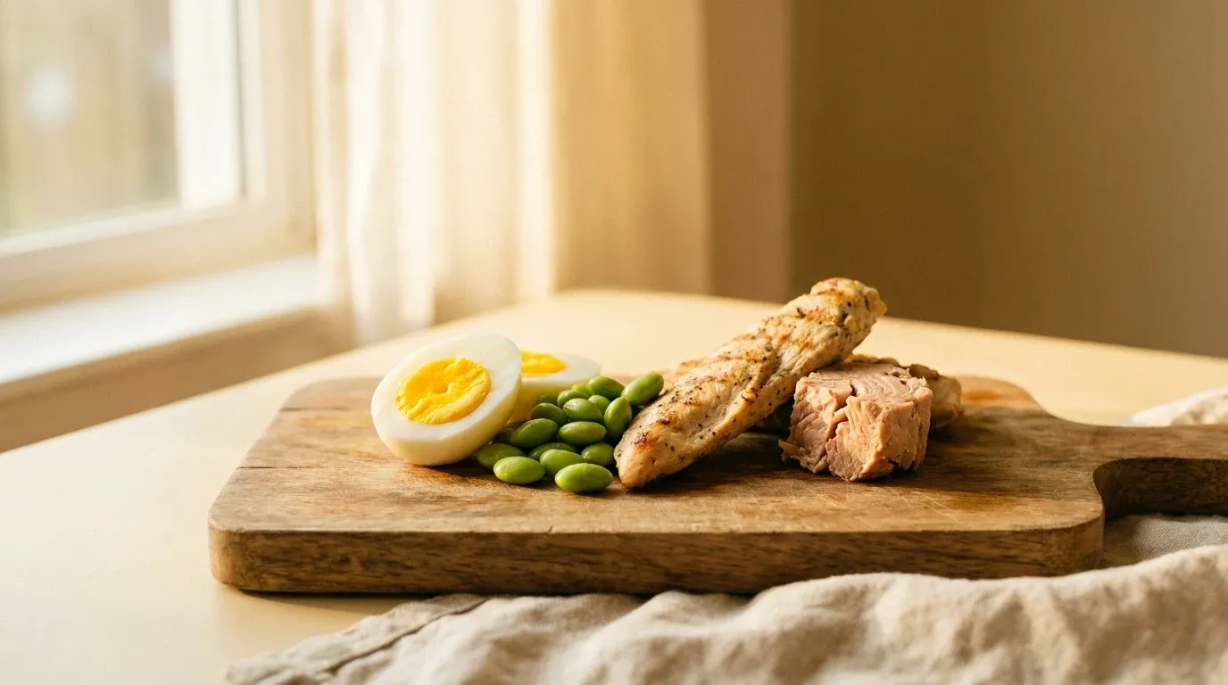 Wooden cutting board with hard-boiled egg, edamame, grilled chicken, and tuna in golden light.