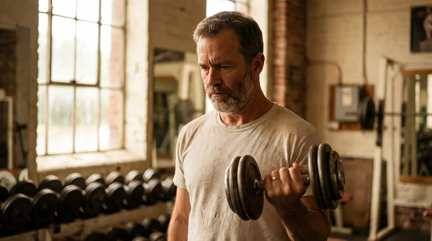 Middle-aged man performing a focused dumbbell curl in warm golden light from a gym window.