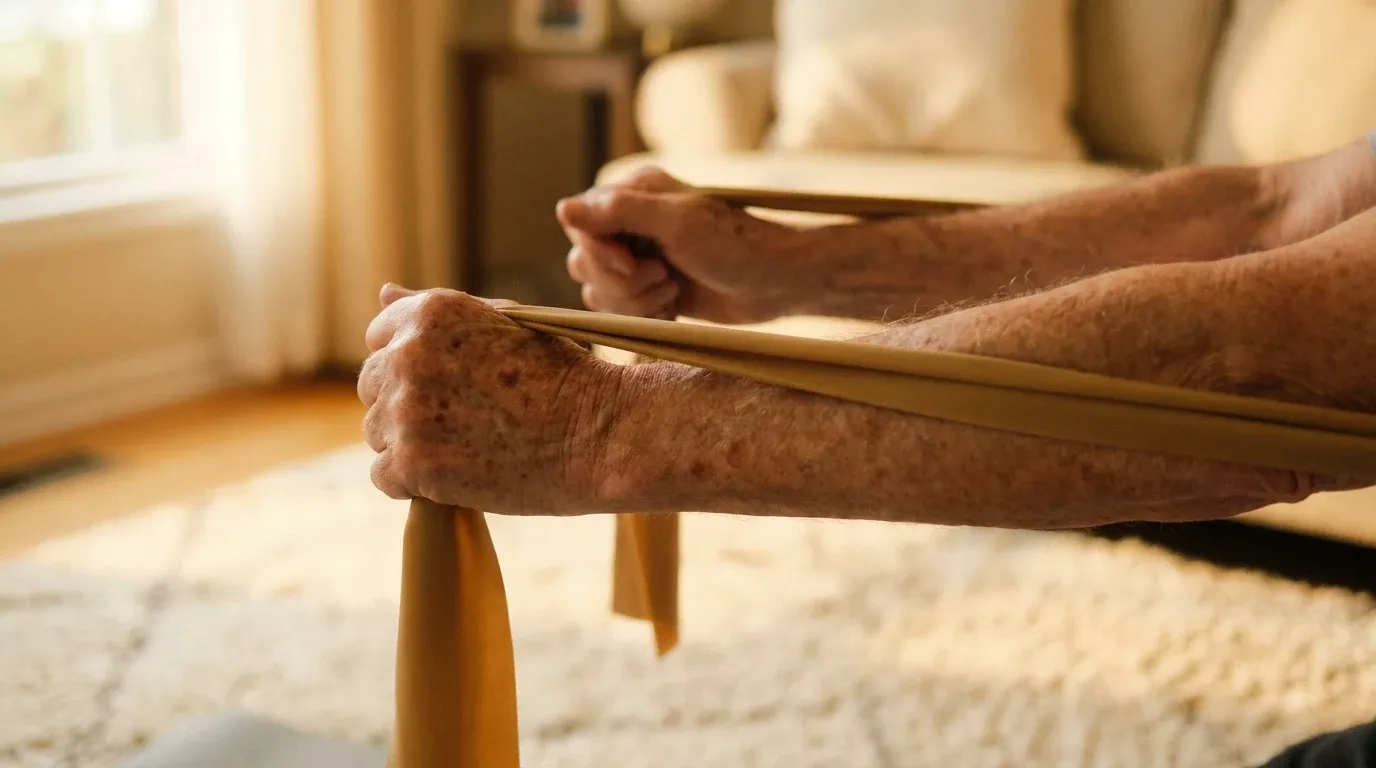Older adult's hands gripping a resistance band with effort in a warm, sunlit home living room.