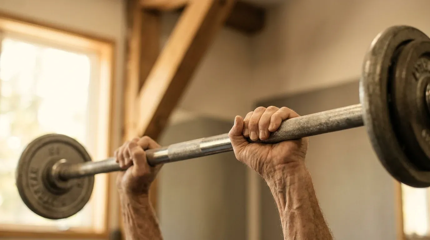 Weathered hands of an older adult firmly gripping a loaded barbell in warm natural golden light from a gym window.