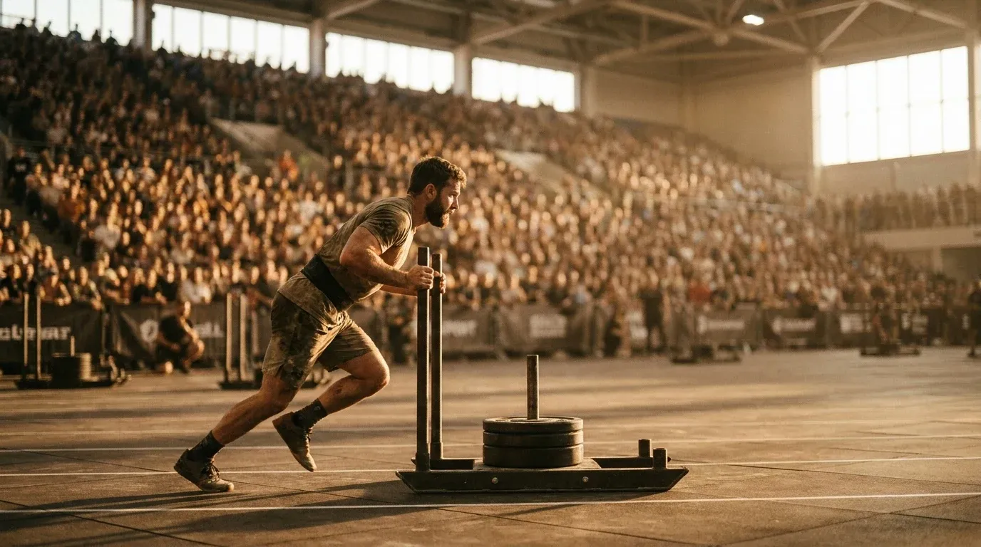 Male athlete pushing a heavy competition sled at full effort in a packed arena during HYROX competition.