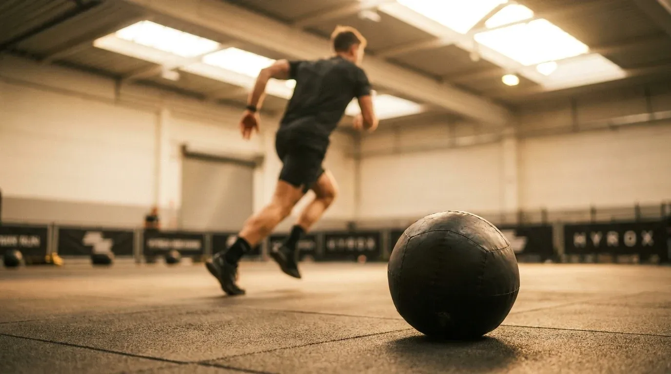 Male athlete running at pace with wall ball in sharp foreground during a HYROX competition.