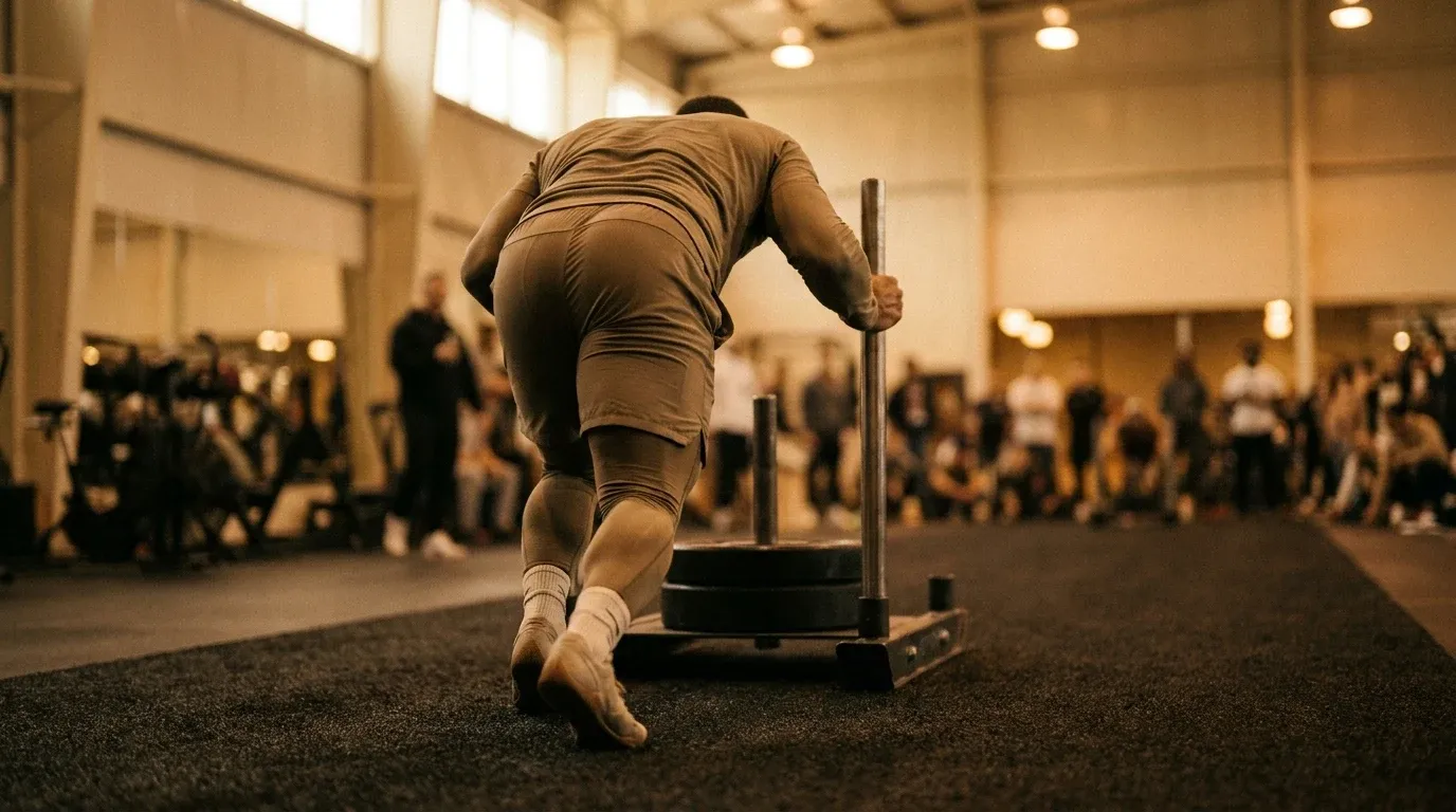 An athlete in a powerful stance pushes a competition sled away from the camera in a warm-lit training hall.