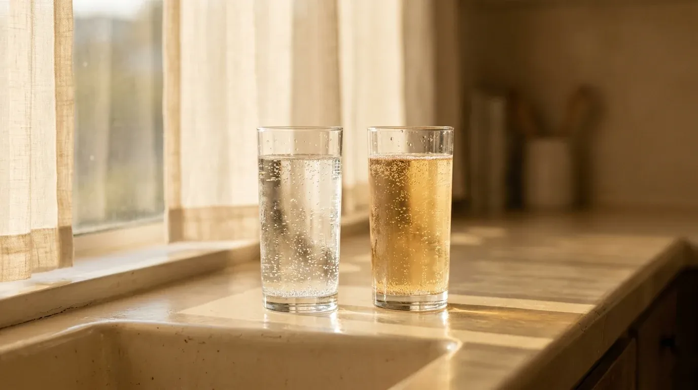 Two glasses side by side: one filled with sparkling water, the other with amber cola, in soft natural light.