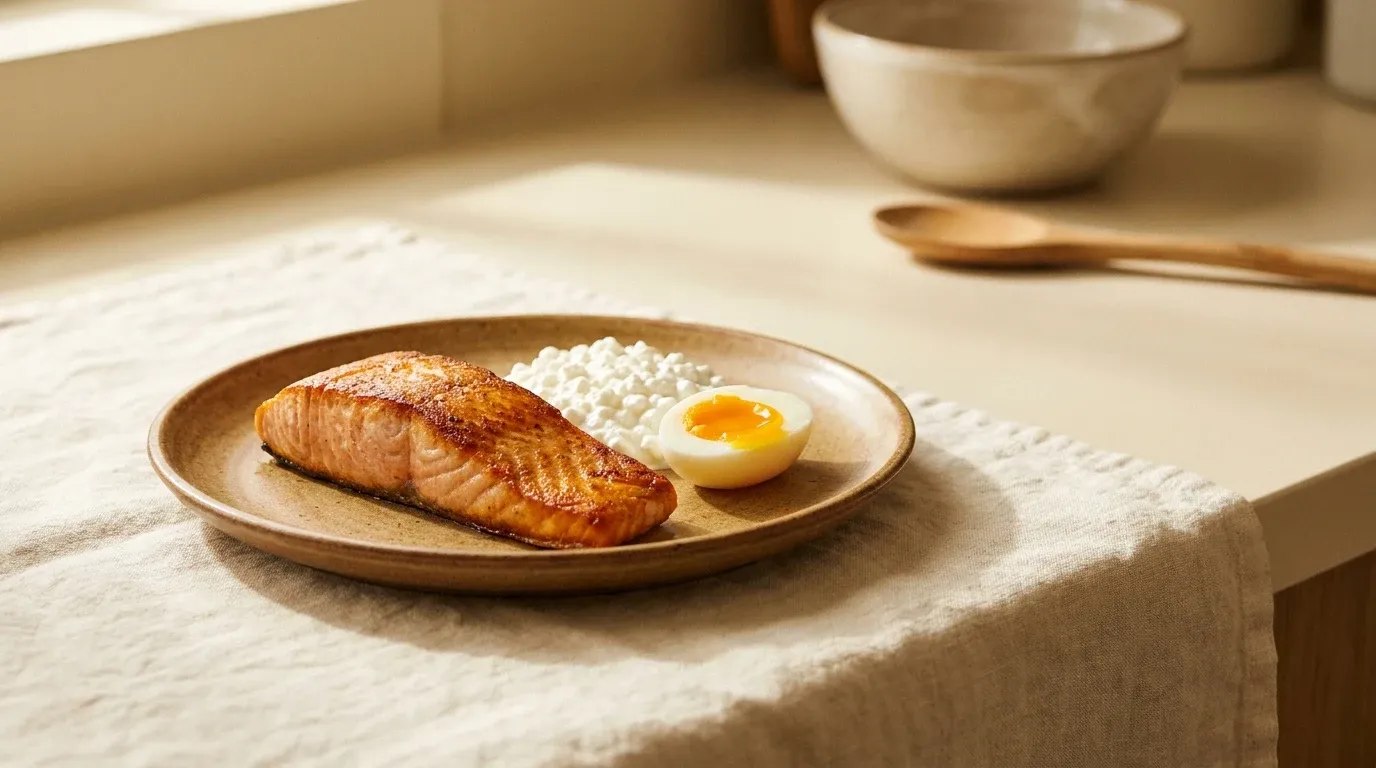 A plate with salmon fillet, cottage cheese, and soft-boiled egg arranged on linen in warm natural light.