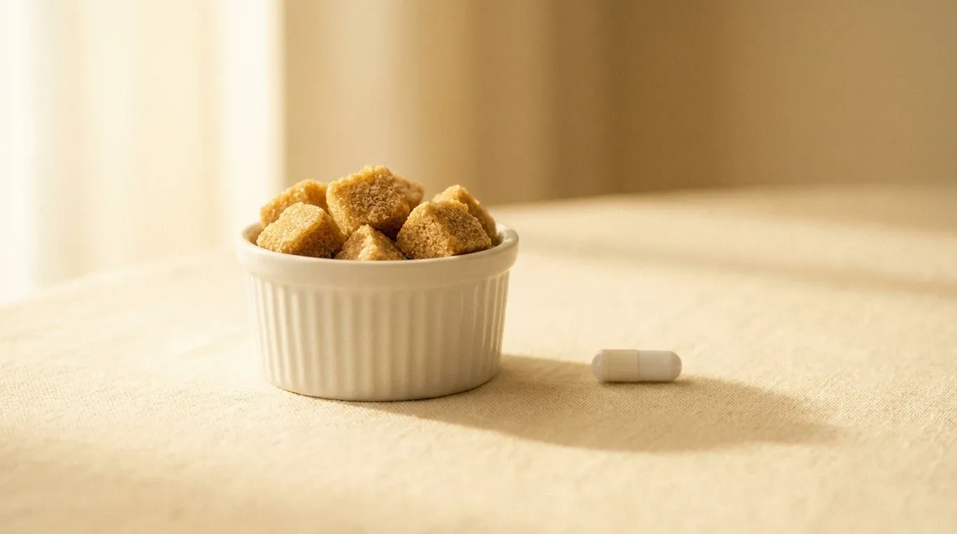 White sugar cube and antibiotic capsule on a warm cream surface.