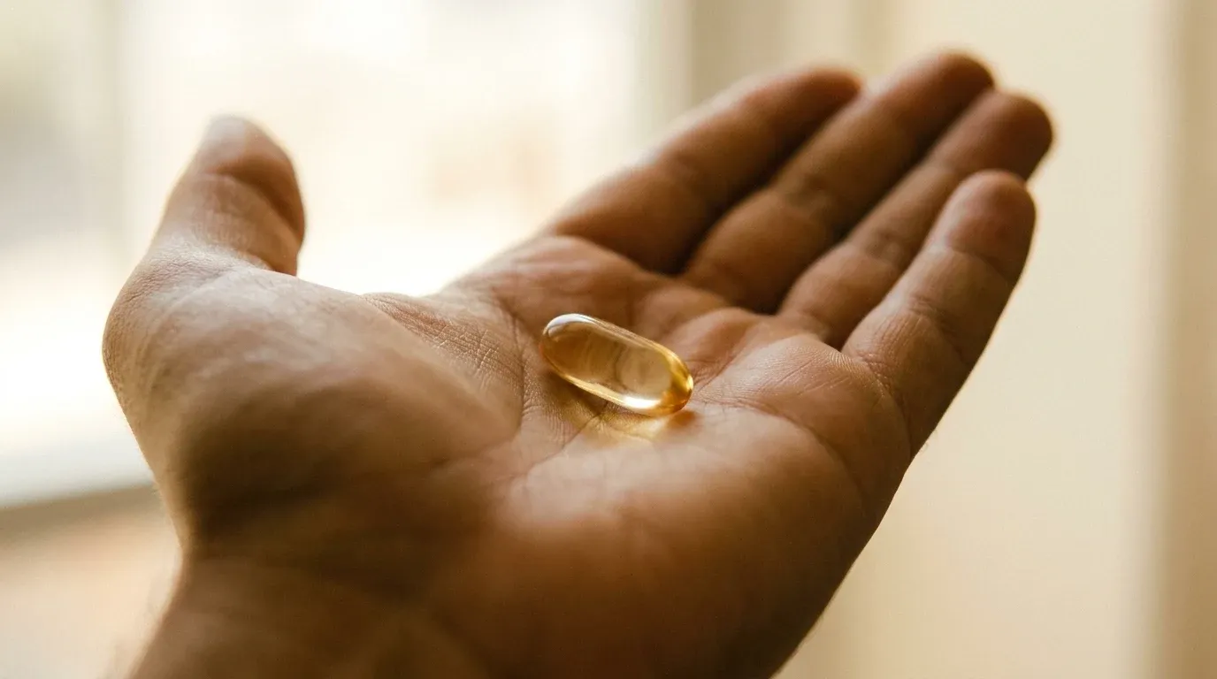 A translucent amber softgel capsule resting in an open palm, bathed in soft golden light.