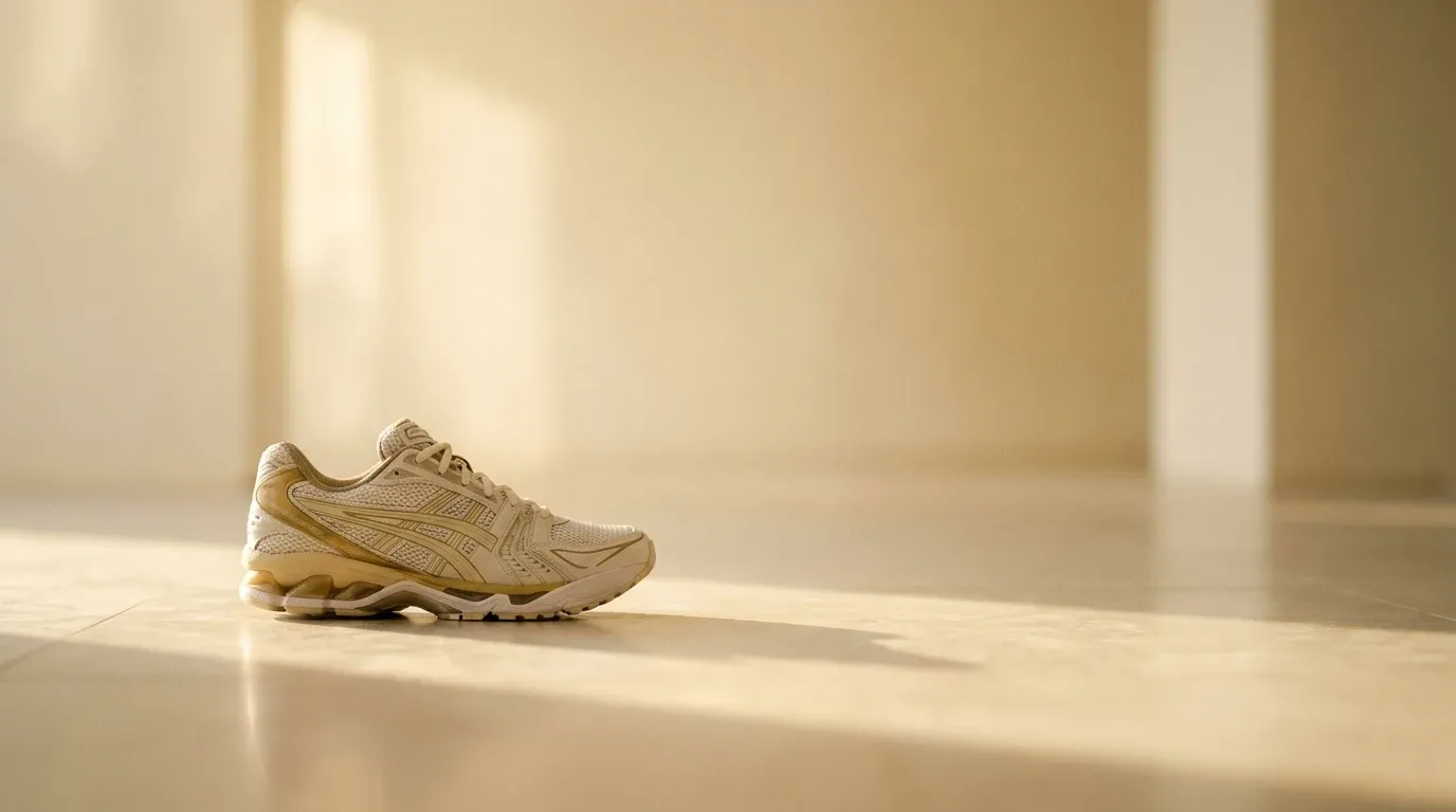 Premium athletic sneaker photographed from below against minimalist cream backdrop in golden light.