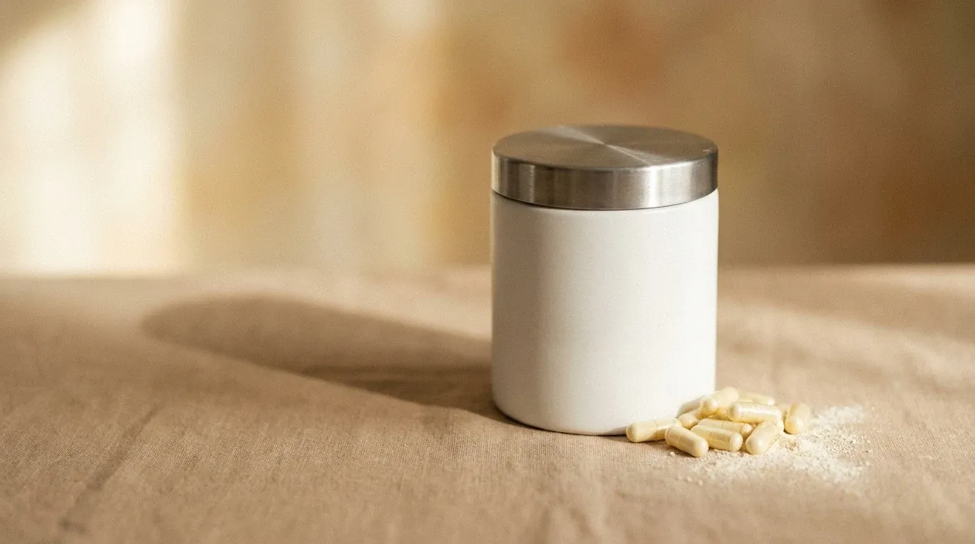 Matte white supplement canister with pale yellow capsules and prebiotic powder on cream linen.