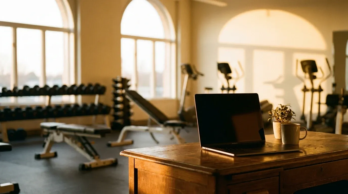 Open laptop on a desk in an empty gym studio at sunrise, surrounded by blurred fitness equipment.