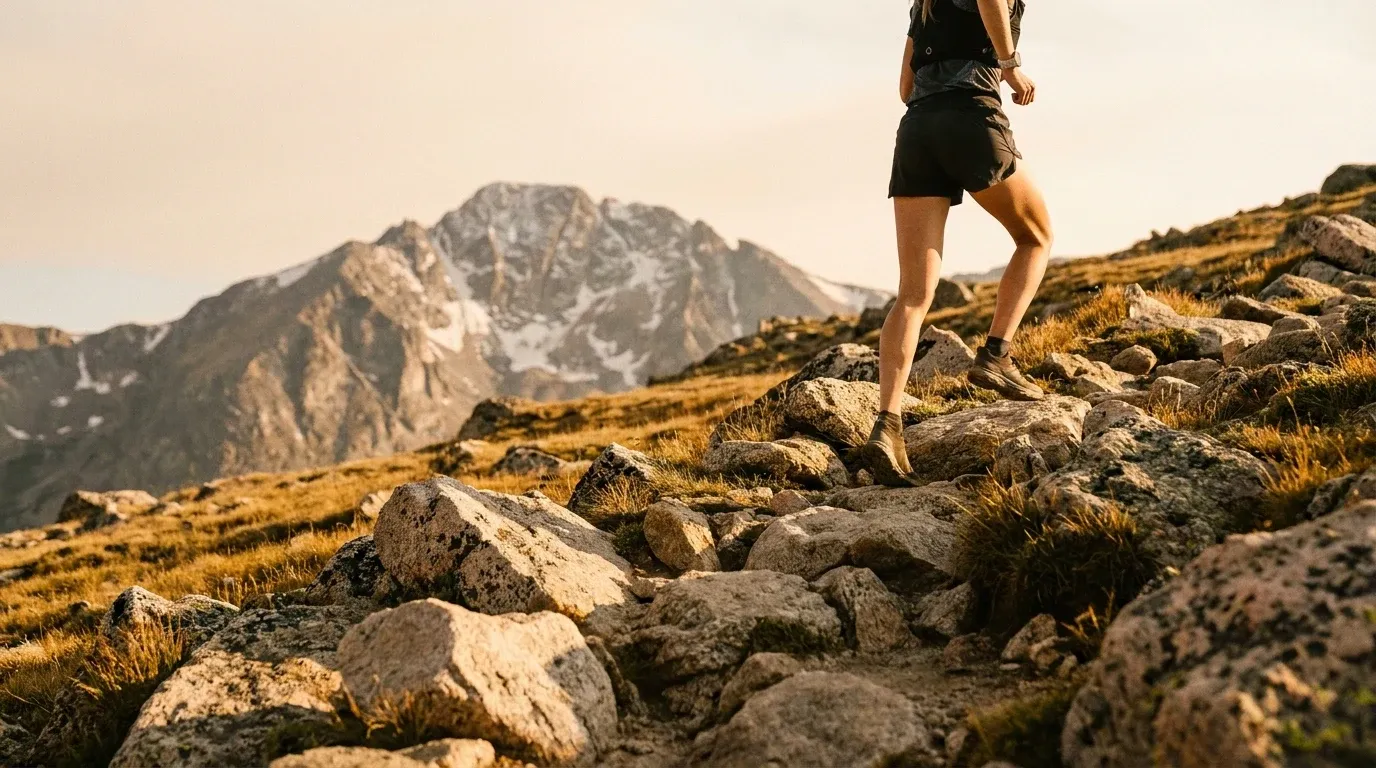 Female trail runner ascending a steep rocky alpine trail with a dramatic mountain peak behind her in golden hour light.