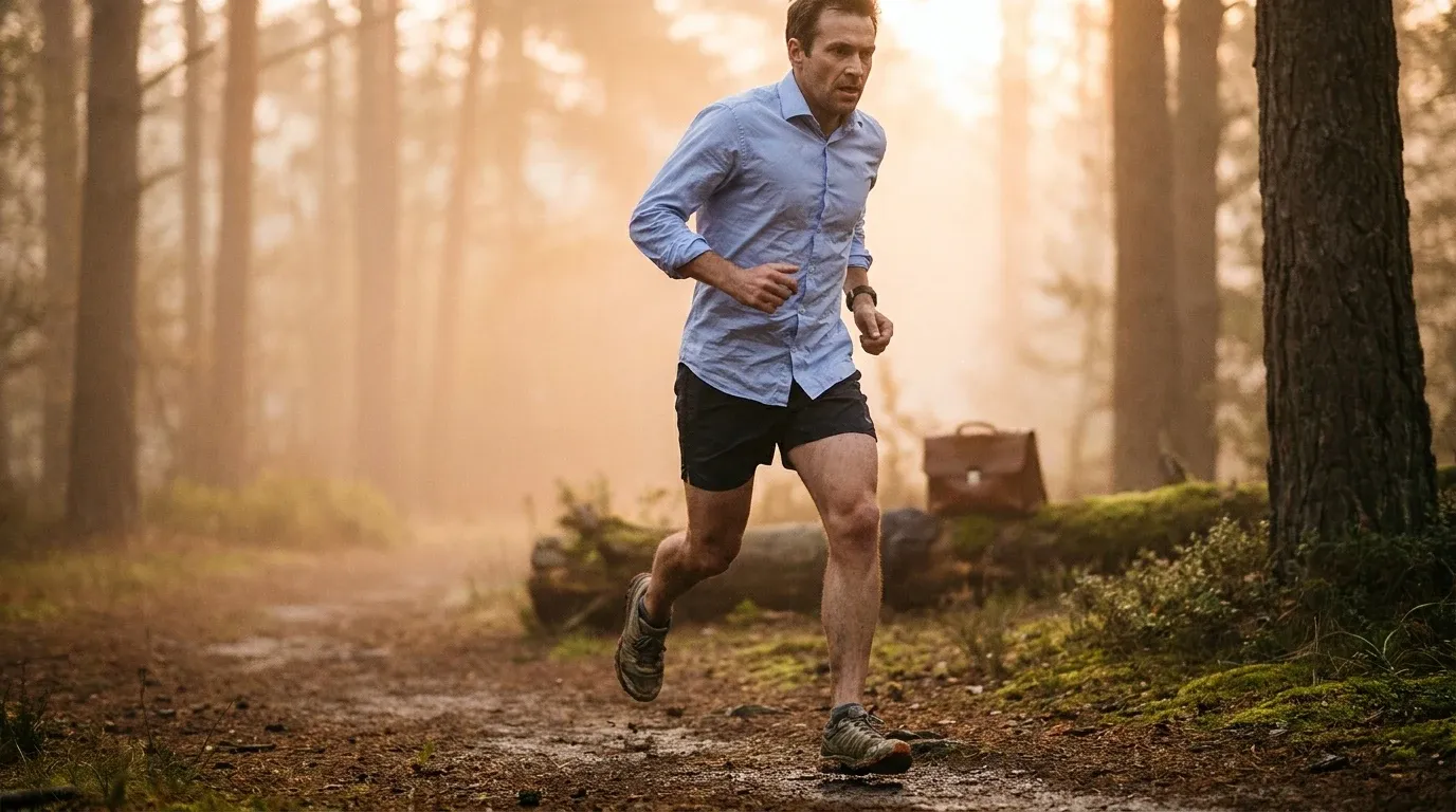 A lawyer in dress shirt and running shorts strides through a misty forest trail at dawn.