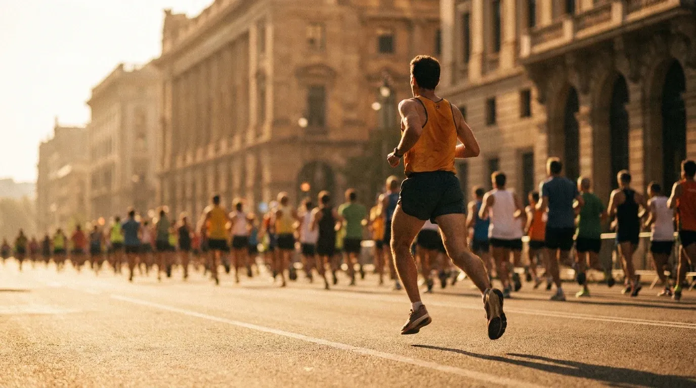 Lead runner sprinting at full effort during Beneva Marathon, surrounded by a dense crowd of participants in golden morning light.