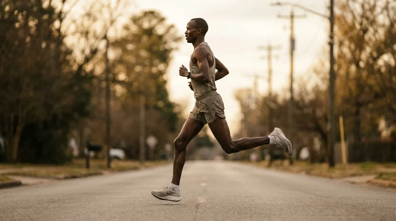 Elite male runner captured in sharp side-profile at mid-stride with aggressive race form on an asphalt road.