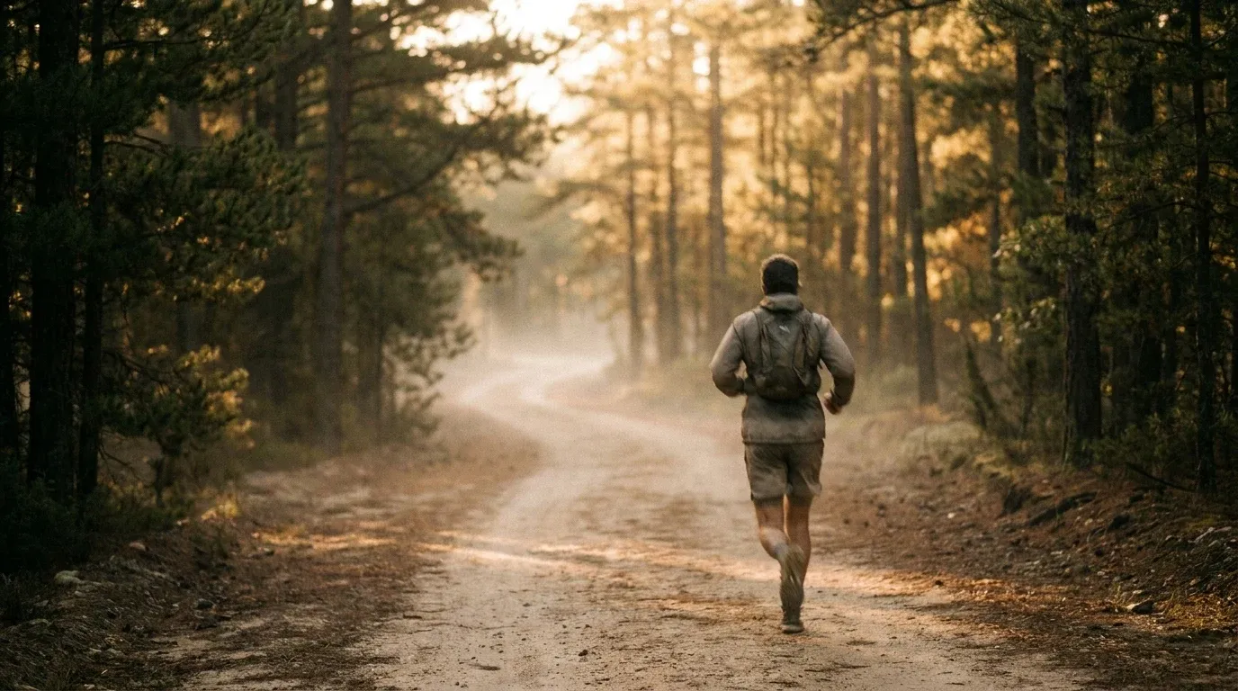 Trail runner in motion on a misty forest path bathed in warm golden morning light.