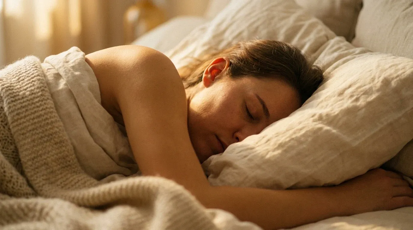 Person sleeping peacefully on their side against a cream pillow, bathed in warm golden morning light.
