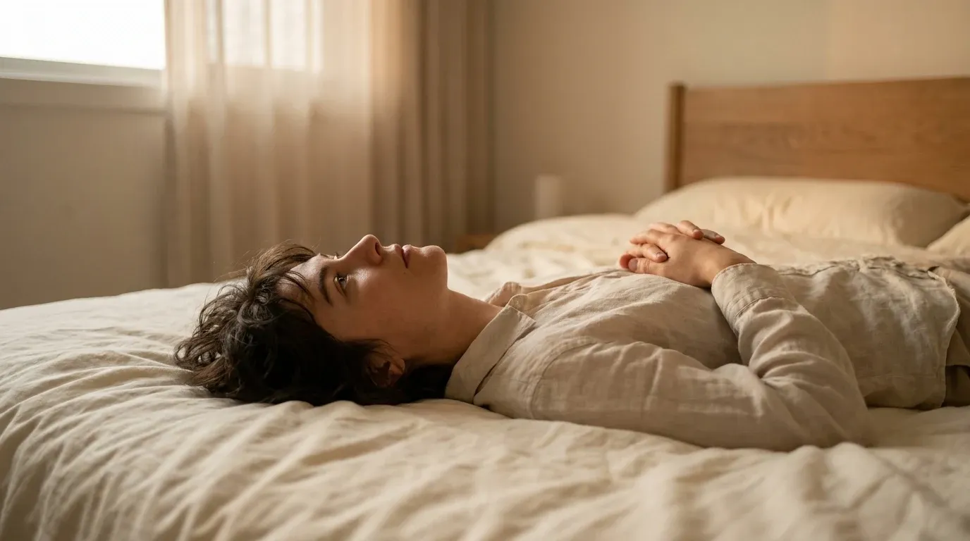 A person lying awake in bed staring at the ceiling in soft early morning light, expressing quiet restlessness.