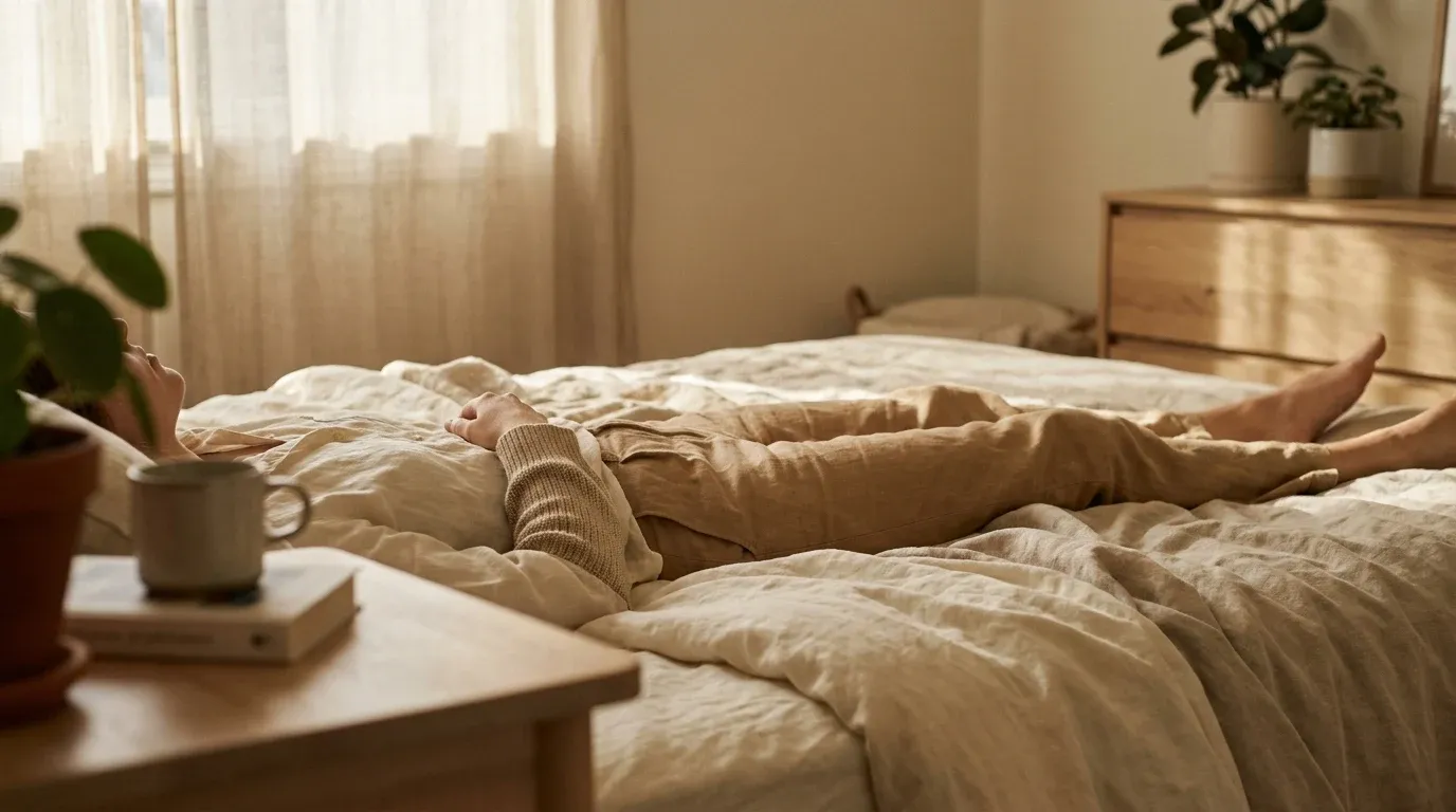 A person resting peacefully on a bed in a calm bedroom filled with soft, warm golden light.