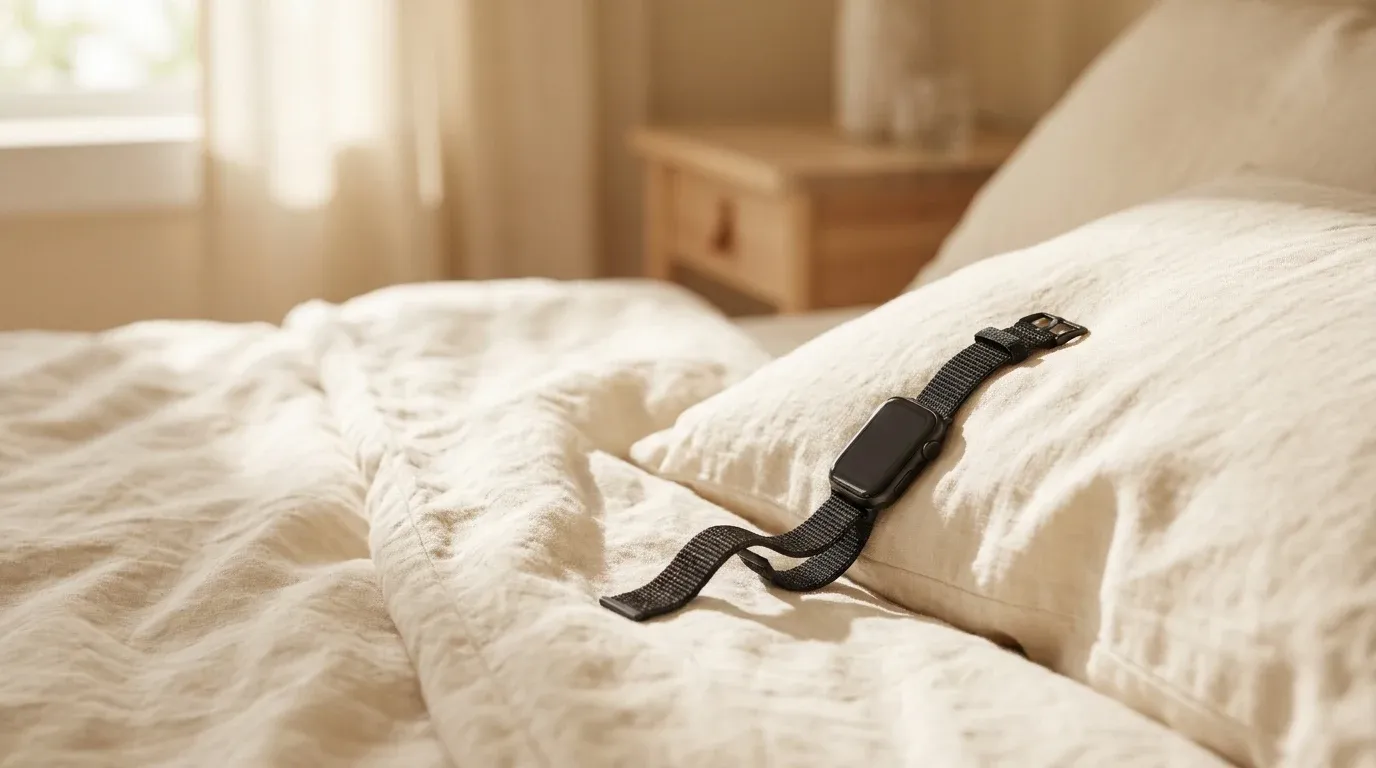 A sleep tracker bracelet face-down on rumpled sheets beside a softly indented pillow.