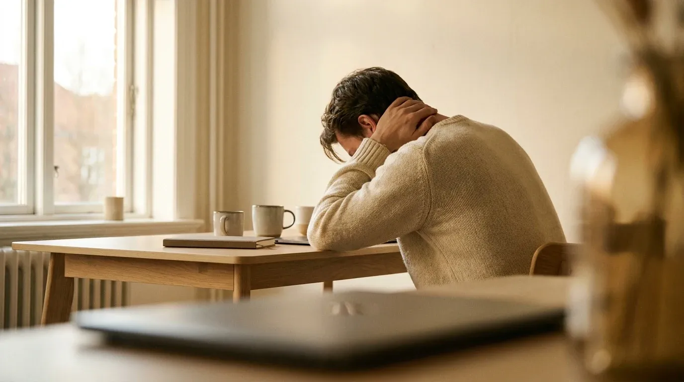 Exhausted person slumped at a desk with hand on neck, bathed in soft golden light.