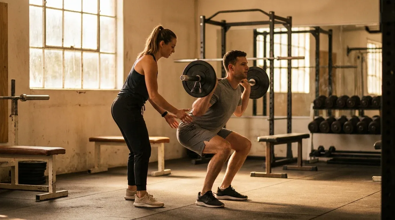 A coach spots a client's squat form in a gym, hands hovering near their hips for guidance.