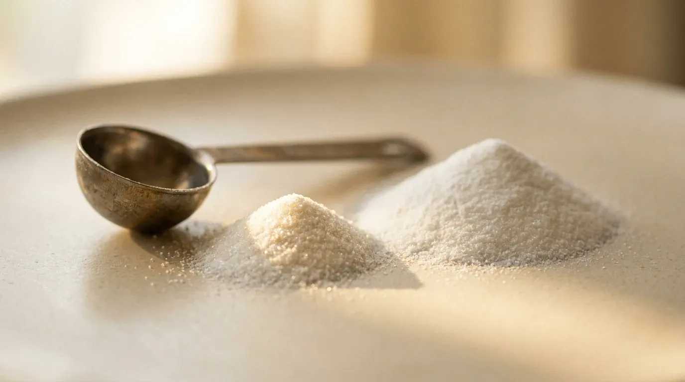 Two mounds of white creatine powder side by side on a cream surface, lit by soft natural light.