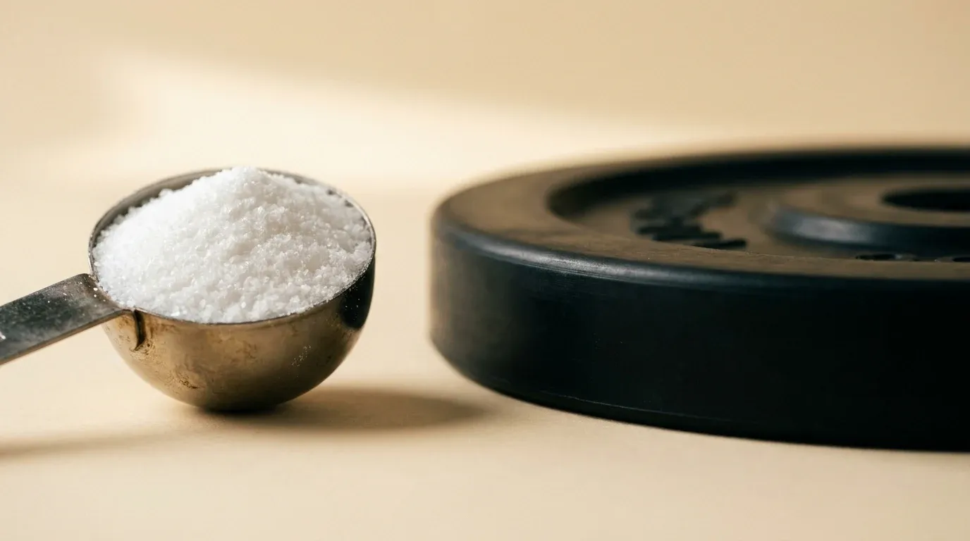 A scoop of white creatine powder beside a black weightlifting plate on a warm cream surface.