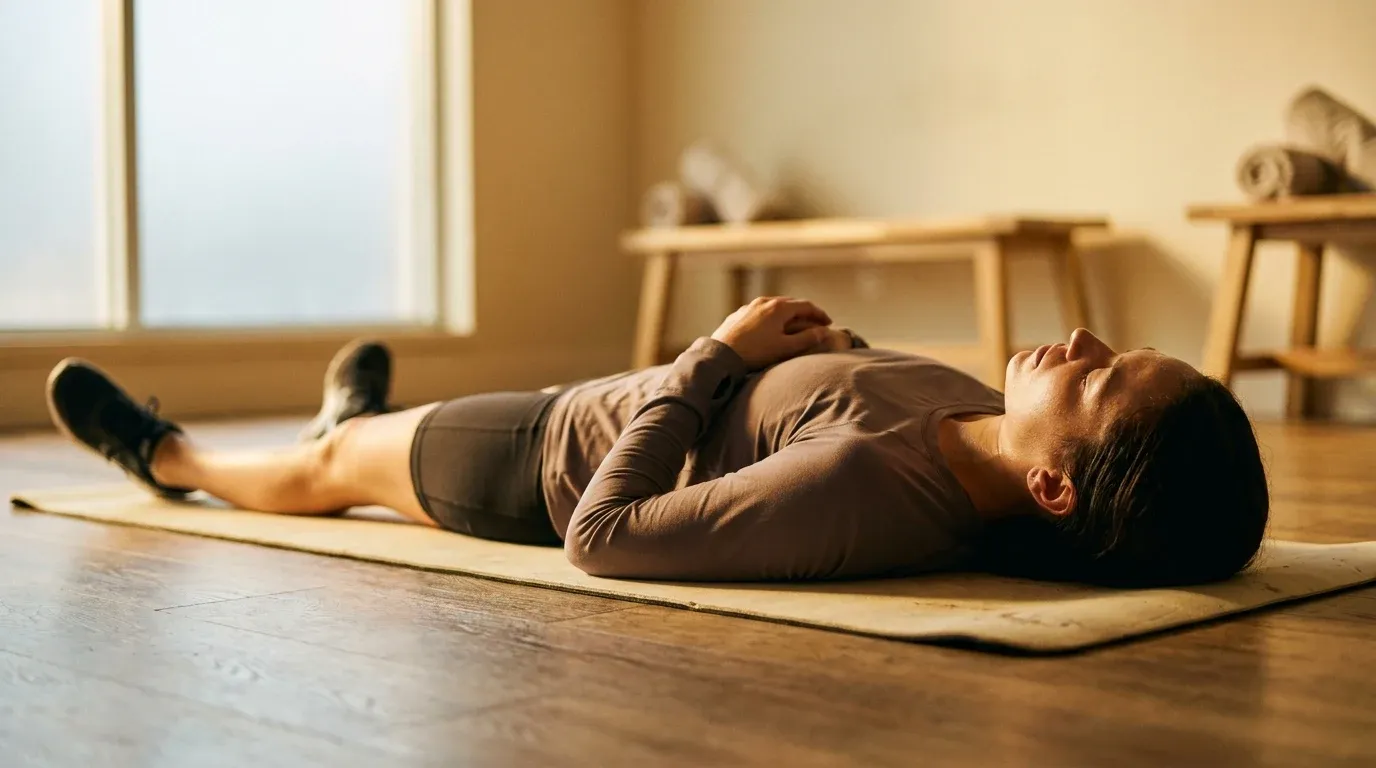 Person lying on a gym mat in recovery after training, eyes closed, bathed in warm golden natural light.