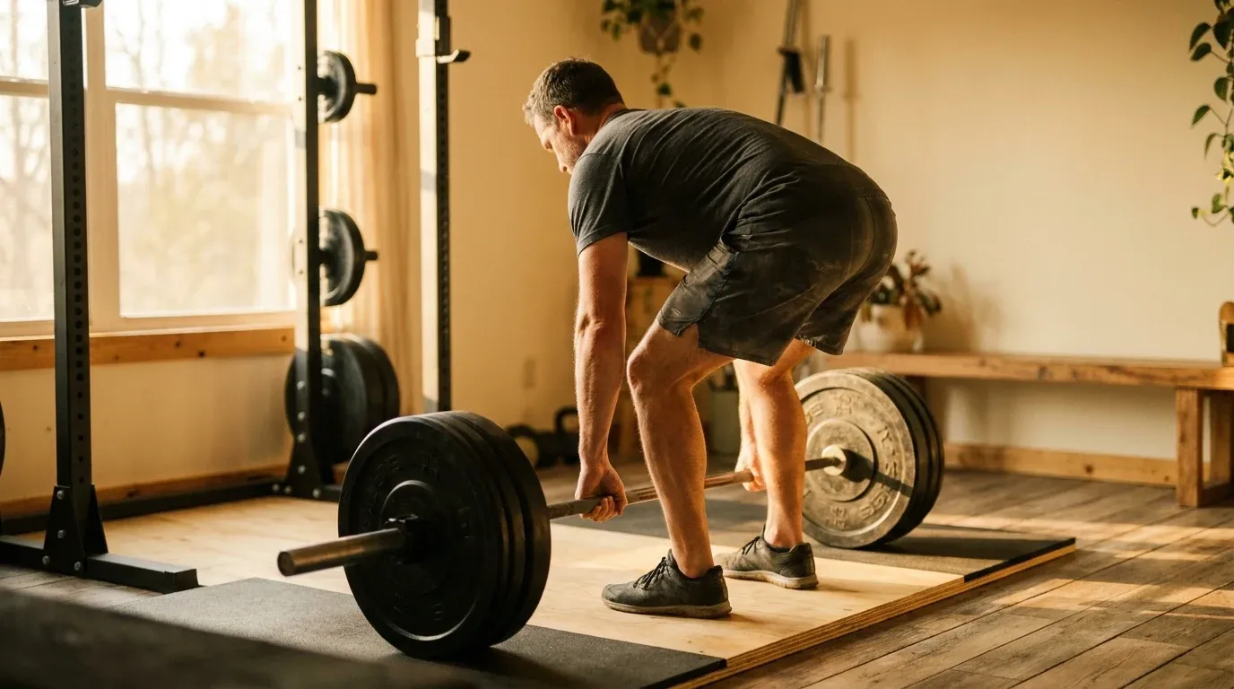 Middle-aged man preparing to deadlift a barbell in a minimalist home gym with warm morning light.