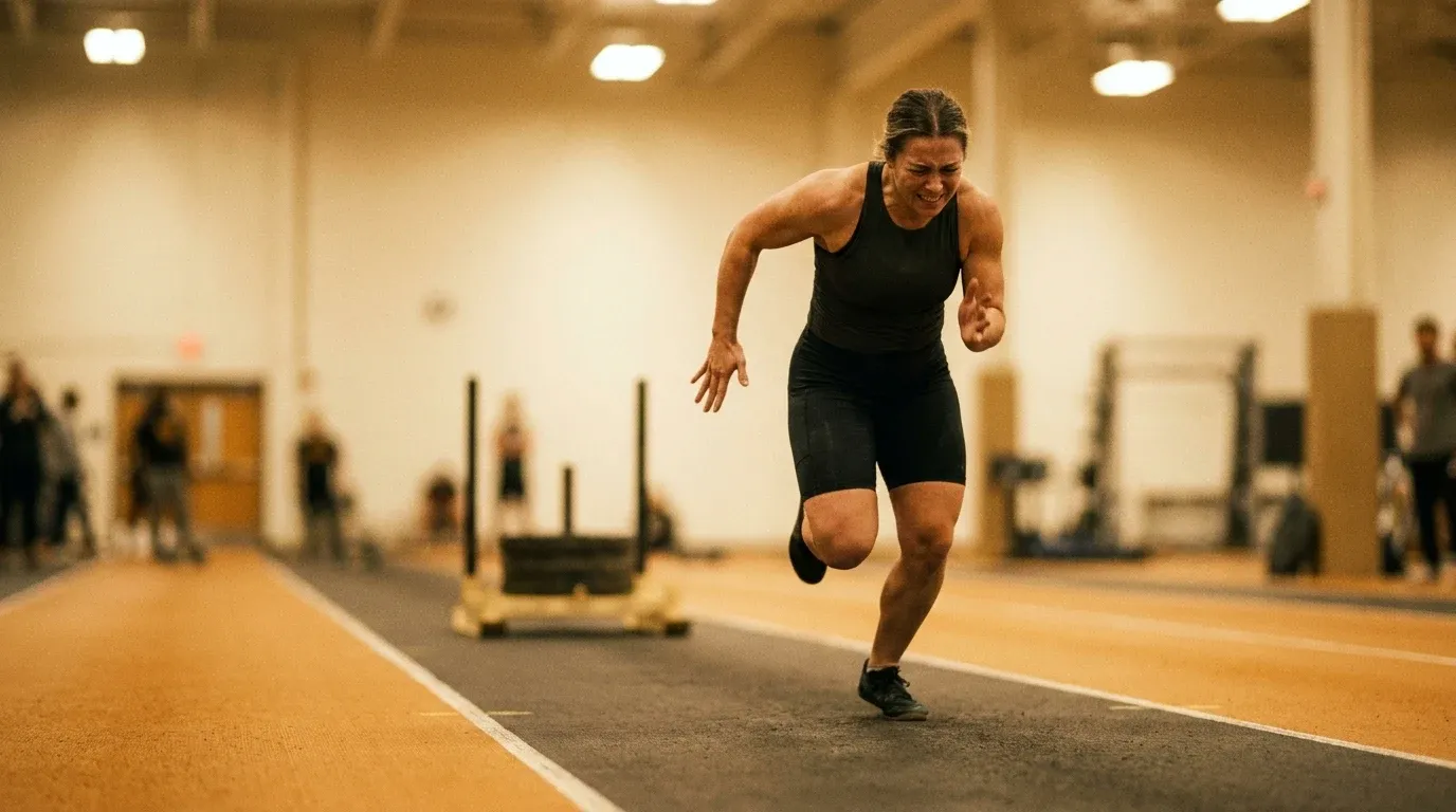 Athlete mid-stride on an indoor competition track, visibly laboring with heavy legs and forward lean.