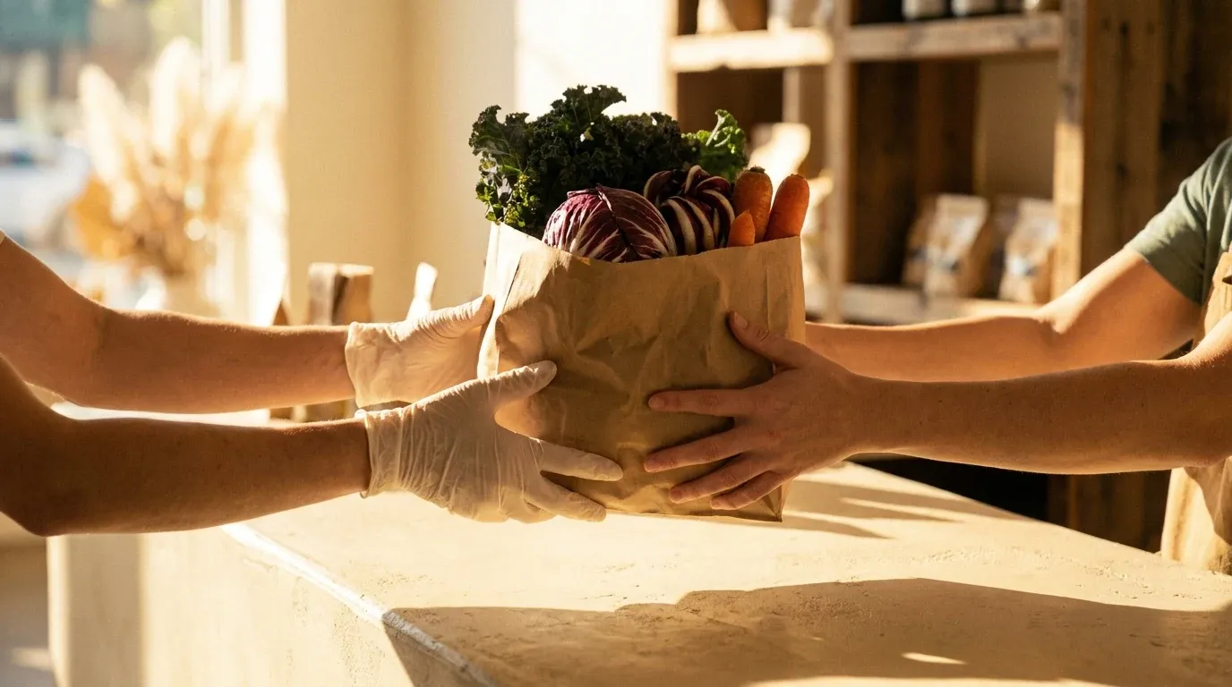 Two pairs of hands exchange a paper bag filled with fresh vegetables across a counter.