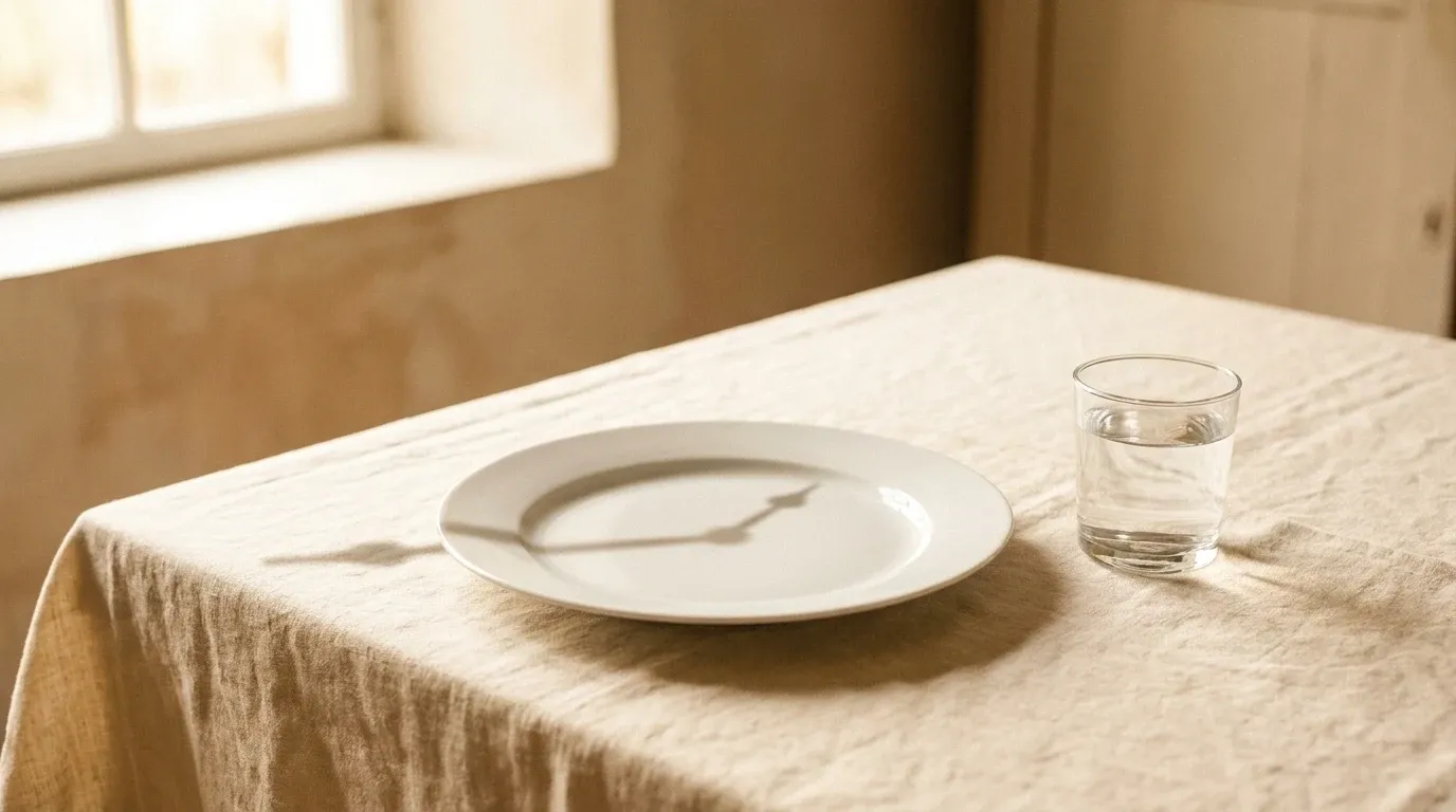Empty white plate and glass of water on cream linen with shadow suggesting the passage of time.