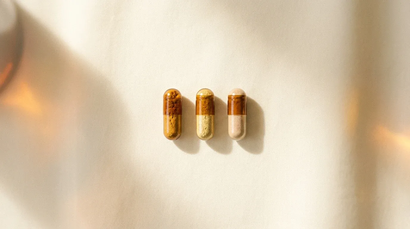 Three amber glass capsules filled with earth-toned powders lined up on a warm cream background.