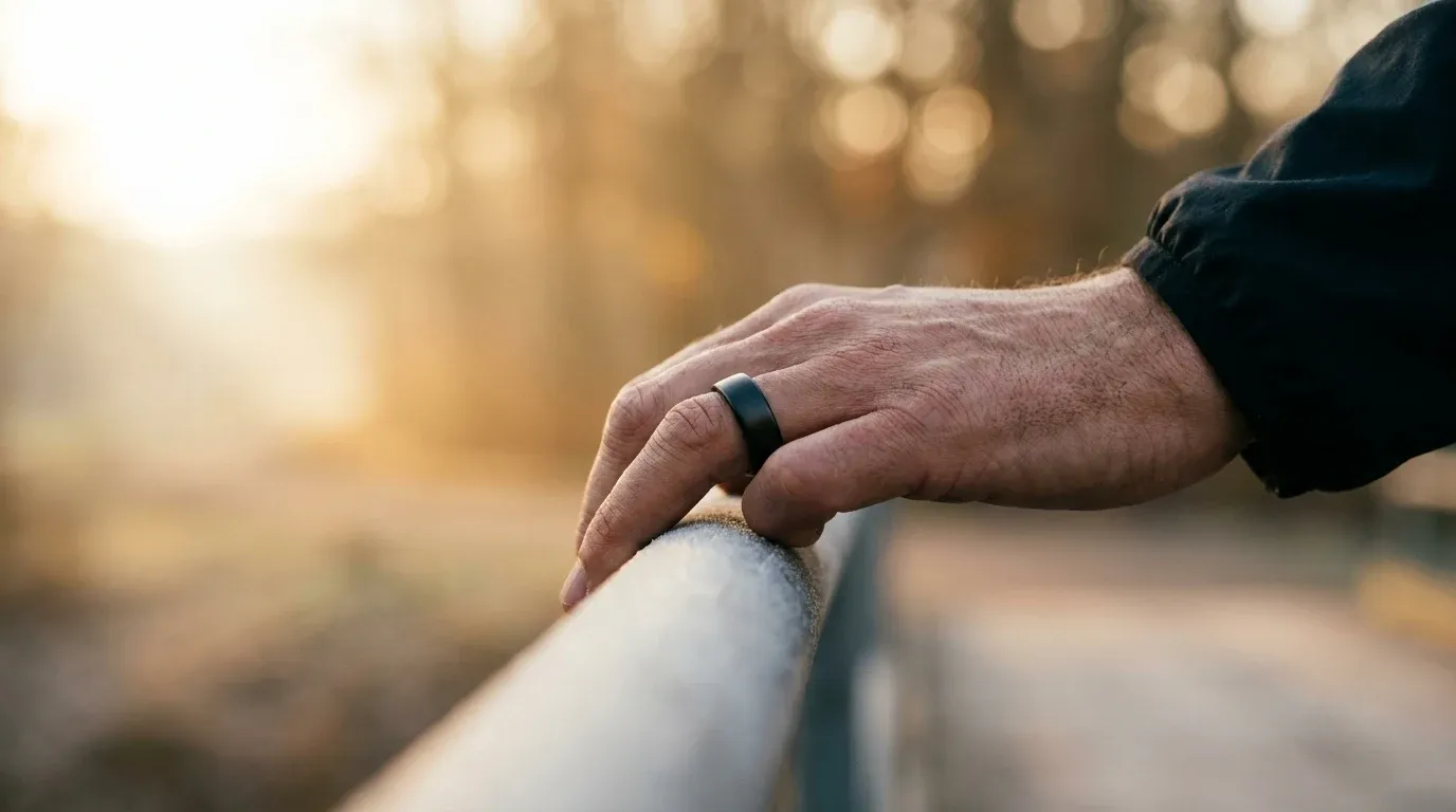 Close-up of a black smart ring on a runner's finger gripping a rail at dawn.