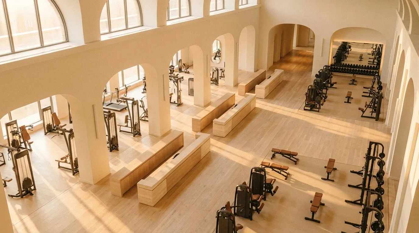 Overhead view of a spacious unified gym floor with multiple branded equipment zones and reception desks in warm natural light.