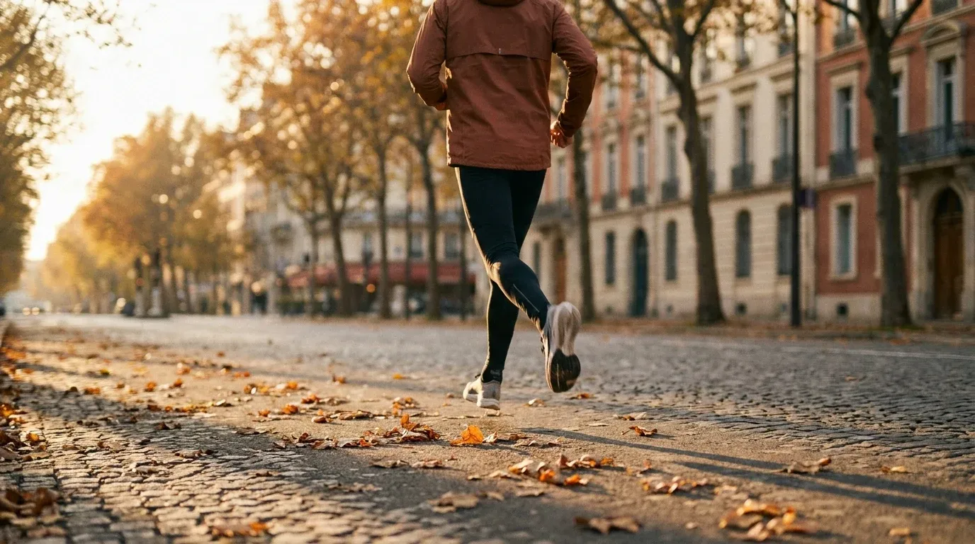 A runner in technical gear strides through a European city boulevard in autumn, golden leaves scattered on the road.