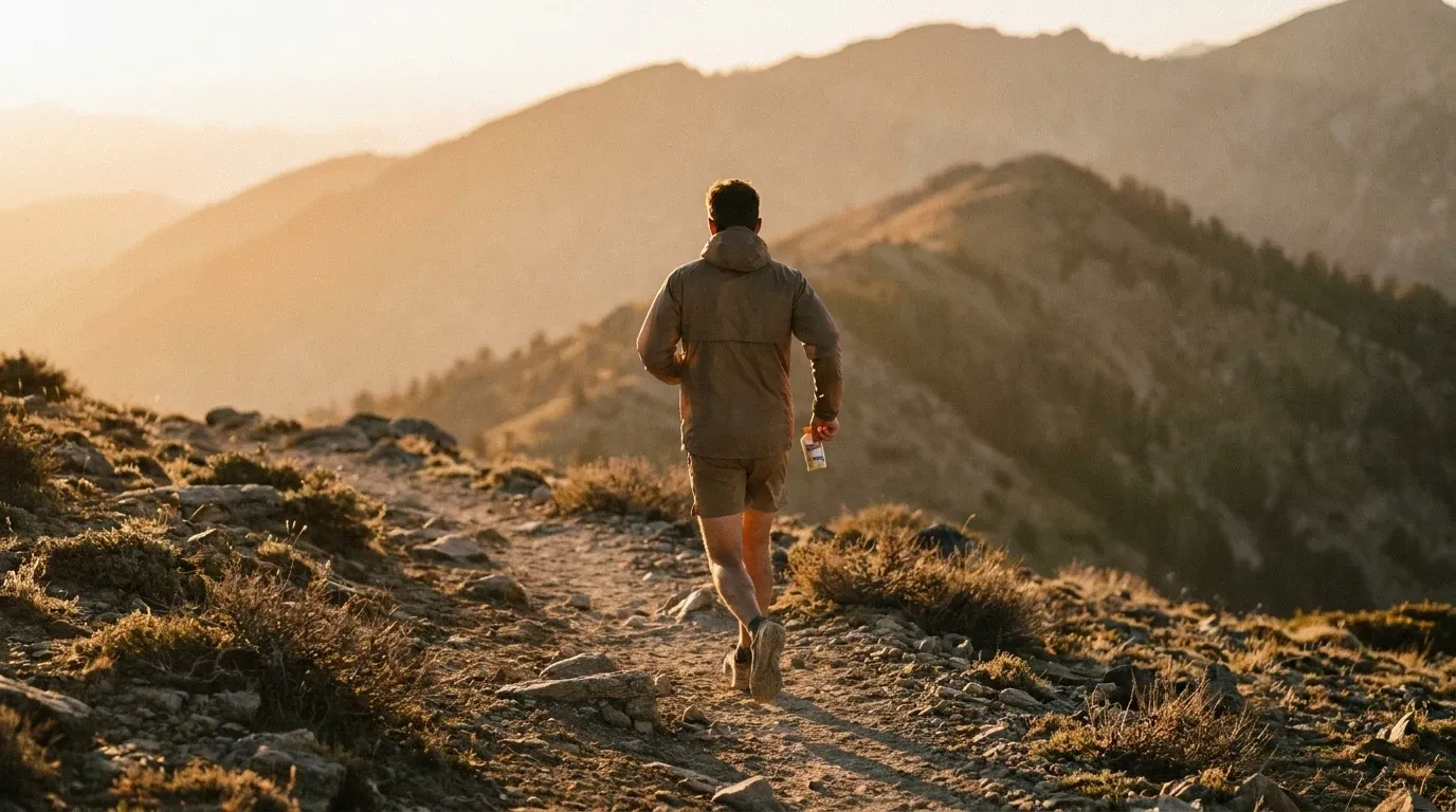 Runner holding energy gel mid-stride on rocky alpine trail during golden hour.