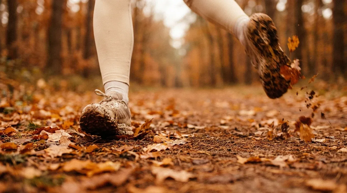 Runner's legs mid-stride on a leaf-covered autumn trail with golden and amber foliage scattering.